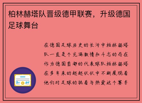 柏林赫塔队晋级德甲联赛，升级德国足球舞台